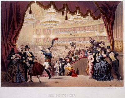 Bal Maskowy Opera de la Rue Le Peletier w Paryżu Bal ten nazywał się Grand Veglione. Litografia Eugene von Guerard (1811-1901) XIX-wieczny Paryż, Musee Carnavalet autorstwa Eugene Charles Francois Guerard