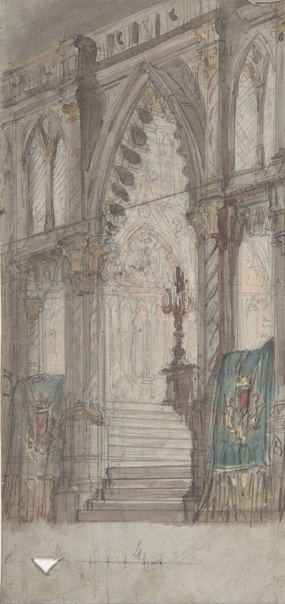 Projekt scenografii w Operze w Paryżu: Wnętrze kościoła, 1830-90. autorstwa Eugene Ciceri