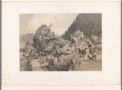 Podróżni na przełęczy Tête Noire między Martigny i Chamonix Passage de la Tete Noire (tytuł na obiekcie) Twarze w Szwajcarii i Sabaudii (tytuł serii) La Suisse et la Savoie (tytuł serii na obiekcie) autorstwa Eugene Ciceri