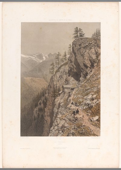 Piesi na górskiej ścieżce w Chamonix i Mont Blanc Le Chapeau (tytuł na obiekcie) Twarze w Szwajcarii, Sabaudii i Tyrolu (tytuł serii) La Suisse, la Savoie et le Tyrol (tytuł serii na obiekcie) autorstwa Eugene Ciceri