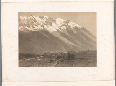 Widok na Chamonix u podnóża Mont Blanc Le Mont Blanc et Chamonix (tytuł na obiekcie) La Suisse et la Savoie (tytuł serii) Twarze w Szwajcarii i Sabaudii (tytuł serii na obiekcie) autorstwa Eugene Ciceri