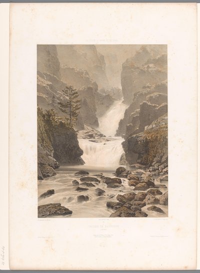 Widok na wodospad Barberine w pobliżu Vallorcine Cascade de Barberine (tytuł na obiekcie) Twarze w Szwajcarii, Sabaudii i Tyrolu (tytuł serii) La Suisse, la Savoie et le Tyrol (tytuł serii na obiekcie) autorstwa Eugene Ciceri