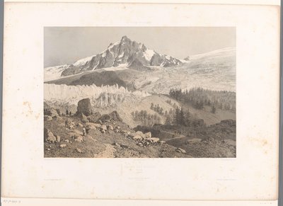 Widok na lodowiec Bossons w dolinie Chamonix Glacier des Bossons, Chamonix (tytuł na obiekcie) Twarze w Szwajcarii i Sabaudii (tytuł serii) La Suisse et la Savoie (tytuł serii na obiekcie) autorstwa Eugene Ciceri