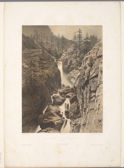 Zicht op de Bérard-waterval Widok ogólny Cascade de Bérard (tytuł na obiekcie) Gezichten in Zwitserland, Savoy in Tirol (tytuł serii) Szwajcaria, Sabaudia i Tyrol (tytuł serii na obiekcie) autorstwa Eugene Ciceri