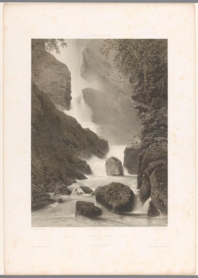 Widok na wodospad Chède Cascade de Chède (tytuł na obiekcie) La Suisse et la Savoie (tytuł serii) Twarze w Szwajcarii i Sabaudii (tytuł serii na obiekcie) autorstwa Eugene Ciceri