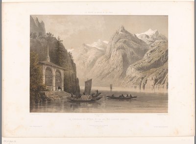 Widok kaplicy Tells na Jeziorze Czterech Kantonów La Chapelle de G.me Tell et le lac des Quatre-Cantons (tytuł na obiekcie) Twarze w Szwajcarii, Sabaudii i Tyrolu (tytuł serii) La Suisse, la Savoie et le Tyrol (tytuł serii na obiekcie) autorstwa Eugene Ciceri