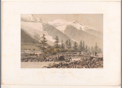 Widok na dolinę Chamonix z rzeką Arve Vue prize dans la Vallée de Chamonix (tytuł na obiekcie) Zabytki w Szwajcarii, Sabaudii i Tyrolu (tytuł serii) La Suisse, la Savoie et le Tyrol (tytuł serii na obiekcie) autorstwa Eugene Ciceri