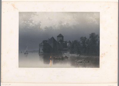 Widok na zamek Chillon nad Jeziorem Genewskim Château de Chillon (tytuł na obiekcie) Twarze w Szwajcarii i Sabaudii (tytuł serii) La Suisse et la Savoie (tytuł serii na obiekcie) autorstwa Eugene Ciceri