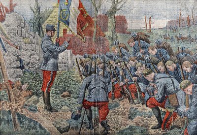 Ksiądz z flagą udziela rozgrzeszenia oficerom i żołnierzom swojego pułku, gdy wyruszają do ataku. W „Le pelerin” z 1915 r. autorstwa Eugene Damblans