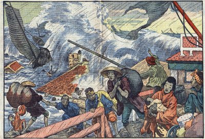 Maree raz i tajfun uderzyły w Japonię. Ilustracja Damblans. W „”Le Pelerin”” z 2 października autorstwa Eugene Damblans