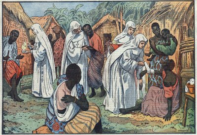 O inauguracji w Pałacu Laterańskim w Rzymie Muzeów Sióstr Białych w wiosce w Afryce Równikowej, gdzie prowadzą katechizm i opiekę nad chorymi. Ilustracja Damblans. W „Le Pelerin” z 29 stycznia autorstwa Eugene Damblans