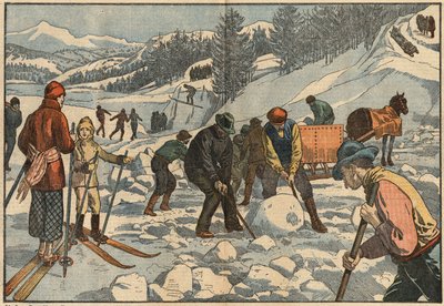 Mieszkańcy Alp zbierają bryły lodu zimą na lato. W tle mężczyźni uprawiają sporty zimowe. Ilustracja Damblans. W „Le Pelerin” z 18 grudnia autorstwa Eugene Damblans