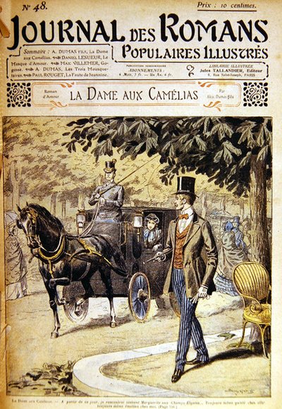Armand spotyka Marguerite na Polach Elizejskich, ilustracja do „La Dame aux Camelias” A. Dumasa w „Journal des Romans” autorstwa Eugene Damblans