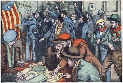 Katalońscy separatyści przygotowują swój spisek w Paryżu. Ilustracja Damblans. W „Le Pelerin” z 28 listopada autorstwa Eugene Damblans