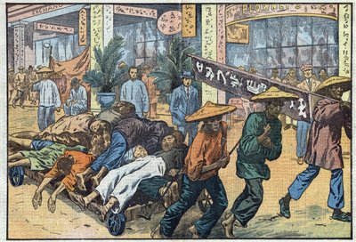 Wojna domowa między nacjonalistami a komunistami w Chinach: po zamieszkach komunistycznych w Kantonie zwłoki ofiar układane są na wózkach. Ilustracja Damblans. W „”Le Pelerin”” z 4 marca autorstwa Eugene Damblans