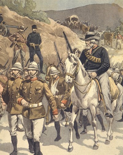 Angielscy jeńcy po bitwie pod Nek Nicholsona, podczas wojen anglo-zuluskich i anglo-burskich 1850-1902, ilustracja autorstwa Eugene Damblans