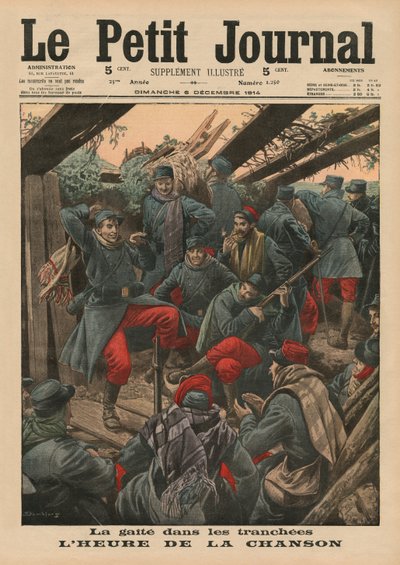 Wesoła impreza w okopach, Song Time, ilustracja na okładce z „Le Petit Journal”, dodatek ilustr., 6 grudnia 1914 autorstwa Eugene Damblans