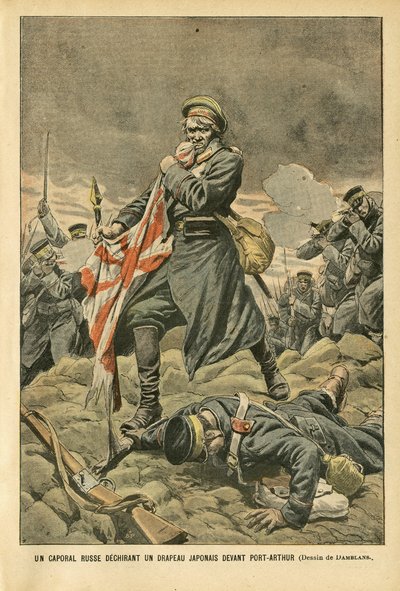 Ilustracja Eugene Damblans (1865-1945) w Le Pelerin, 01.01.2005 - Rosyjski kapral rozrywający japońską flagę przed Port Arthur - Rosja, Japonia, Port Arthur, wojna rosyjsko-japońska, walki, karabiny - żołnierze, Kapral autorstwa Eugene Damblans