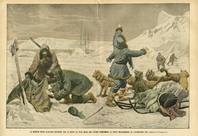 Ilustracja Eugeniusza Damblana (1865-1945) w Le Pelerin, 02.04.05 - Rosyjska misja Kłoczak odkrywa na drodze z bieguna północnego list potwierdzający niefortunną stratę wyprawy Toll - Bieguny Północny i Południowy, Wyprawy Polarne, Lód, Tor saneczkowy autorstwa Eugene Damblans