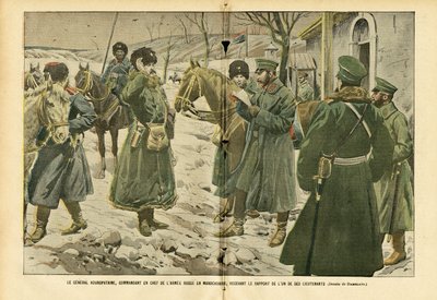Ilustracja przedstawiająca Eugeniusza Damblana (1865-1945) w Le Pelerin, 05.03.05 - generał Kuropatkin, głównodowodzący Armii Rosyjskiej w Mandżurii, odbierający meldunek jednego ze swoich poruczników - Rosja, Armea, Mandżuria, Rosja -Wojna japońska, śnieg autorstwa Eugene Damblans