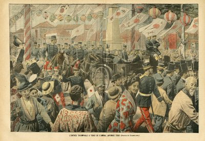 Ilustracja Eugene Damblansa (1865-1945) w Le Pelerin, 11.05.05 - Triumfalne wejście do Tokio japońskiego admirała Togo - Armee, Japonia, Tłum, Tokio - Admirals Admirals, Togo Heihachiro (1848-1934), cywile autorstwa Eugene Damblans