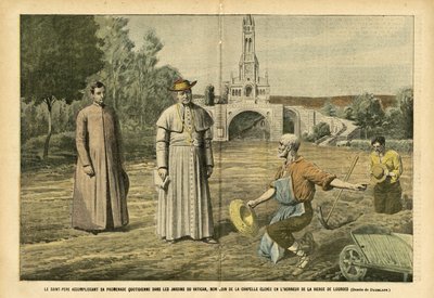 Ilustracja Eugeniusza Damblansa (1865-1945) w Le Pelerin, 20.08.05 - Ojciec Święty w codziennym spacerze po ogrodach Watykanu, niedaleko kaplicy wzniesionej ku czci Dziewicy z Lourdes - Religia Wiara, Rolnictwo, Watykan, Katolicki autorstwa Eugene Damblans