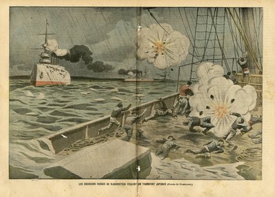 Ilustracja Eugene Damblans (1865-1945) w Le Pelerin, 28.02.04 - Rosyjskie krążowniki Władywostoku zatapiają japoński transportowiec - Armee, Morskie Wybrzeże Morskie, Wojna rosyjsko-japońska, Okręty wojenne, Władywostok - Żeglarze, marynarze autorstwa Eugene Damblans