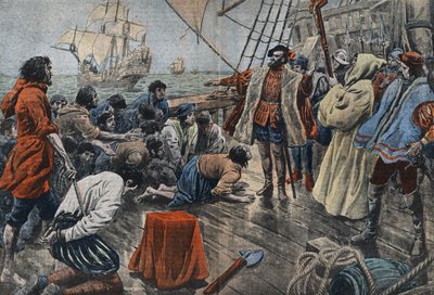 Ilustracja przedstawiająca załogę Ferdynanda de Magellana przysięgającego mu wierność na krzyżu po nieudanym buncie - Fernand de Magellan (1480-1521), portugalski nawigator łagodzi bunt załogi i po wybaczeniu każe mu przysięgać autorstwa Eugene Damblans