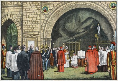Przed „Grotto de Lourdes”, w ogrodach Watykanu, papież Pius XI pobłogosławił pierwszy kamień Kolegium Propagandy, który miał powstać w Janicule. Ilustracja Damblans. W „Le Pelerin” z 3 czerwca autorstwa Eugene Damblans