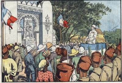 Inauguracja w Dakarze przez ministra kolonii Andre Maginota (1877-1932) pomnika trzydziestu tysięcy zmarłych we francuskiej Afryce Zachodniej. Ilustracja Damblans. W „”Le Pelerin”” z 10 marca autorstwa Eugene Damblans