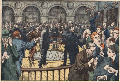 Widok wewnętrzny Giełdy Papierów Wartościowych w Paryżu. Ilustracja Damblans. W „”Le Pelerin”” z 5 grudnia autorstwa Eugene Damblans