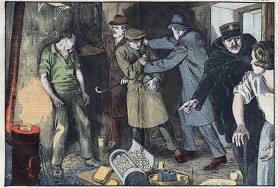 Policja zaskakuje paryskich narciarzy, którzy zatopili się w tyglu za kilka milionów złotych i srebrnych monet. Ilustracja Damblans. W „Le Pelerin” z 28 lutego autorstwa Eugene Damblans
