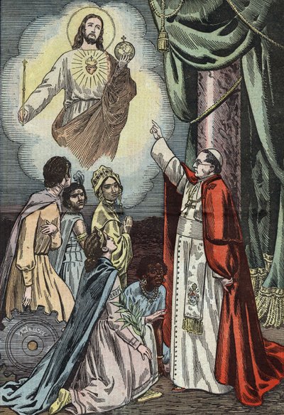 Papież Pius IX ustanawiający celebrację społecznego panowania Jezusa Chrystusa, rys. Damblans z francuskiej gazety „Le Pelerin” 3 stycznia autorstwa Eugene Damblans