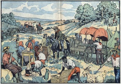 Migracja ludności w Afryce: 2000 Burowie opuszczają portugalską kolonię Angoli transportem do bardziej żyznych regionów Afryki Południowej. Ilustracja Damblans w „Le Pelerin” z 30 września autorstwa Eugene Damblans