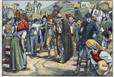Rabusie aresztowani przez włoską faszystowską policję. Sycylia, Włochy. Ilustracja Damblans. W „Le Pelerin” z 14 lutego autorstwa Eugene Damblans