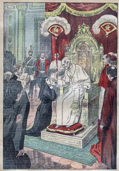 Święta Teresa od Dzieciątka Jezus (lub Lisieux 1873-1897) wciąż młoda dziewczyna u stóp papieża Leona XIII, w wieku piętnastu lat dostała się do Karmelu w 1888 r. - ilustracja Damblans z 1923 r. autorstwa Eugene Damblans