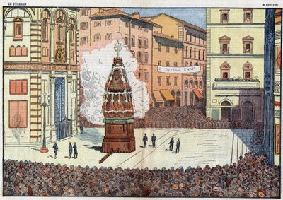 Scoppio del Carro (wybuch wozu) impreza ludowa we Florencji - ilustracja Damlans z kwietnia 1928 autorstwa Eugene Damblans