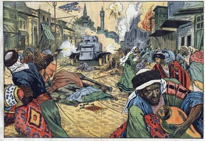 Druzowie (Drusy) splądrowali ulice Damaszku (Syria) podczas nalotu na miasto z użyciem samolotów i karabinu maszynowego (karabinu maszynowego) francuskich wojsk generała Maurice