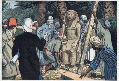 Francuska misja archeologiczna odkrywa pomnik nastolatka Sesostrisa III, który zostanie przywieziony do Luwru. Medamoud, starożytne Teby, Egipt. Ilustracja Damblans. W „Le Pelerin” z 22 listopada autorstwa Eugene Damblans