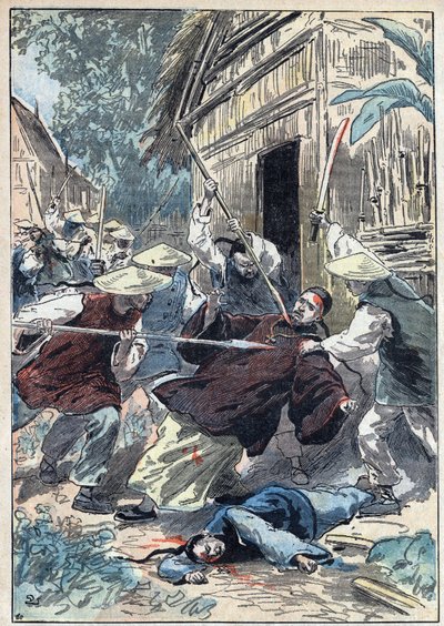 Francuski ksiądz Berthollet (1865-1898), kapłan misji zagranicznych, został zamordowany przez chińską gwardię narodową w pobliżu miasta Yun Ngan Cheou (Yun-Ngan-Cheou) w dniu 21 kwietnia 1898 roku. Ilustracja Damblans w „Le Pelerin” ” z 10 lipca autorstwa Eugene Damblans