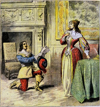 Muszkieter Artagnana klęka u stóp królowej Anny austriackiej, by zwrócić jej listy – ilustracja Damblansa do powieści „Ving ans apres” Aleksandra Dumasa w „Journal of Illustrous Folk Romans” z początku XX wieku autorstwa Eugene Damblans