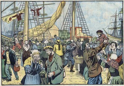 Powrót dorsza do Saint-Malo: Terres-Neuvas łowili ryby i połączyli się ze swoimi rodzinami. Ilustracja Damblans. W „”Le Pelerin”” z 7 października autorstwa Eugene Damblans