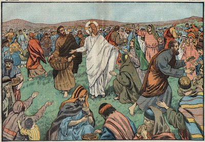 Rozmnożenie bochenków: nad brzegiem Jeziora Tyberiadzkiego Jezus Chrystus (Jezus Chrystus) zaspokoił ludność rozmnażając pięć bochenków jęczmienia i dwie ryby. Ilustracja Damblans. W „”Le Pelerin”” z 18 marca autorstwa Eugene Damblans