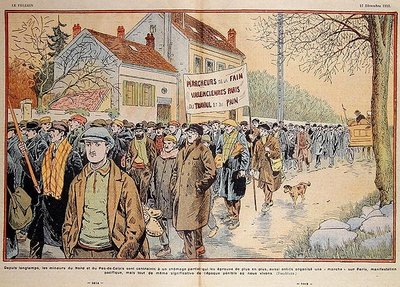 Bezrobotni górnicy z północy Francji i regionu Pas-de-Calais maszerujący do Paryża, ilustracja z „Le Pelerin” autorstwa Eugene Damblans