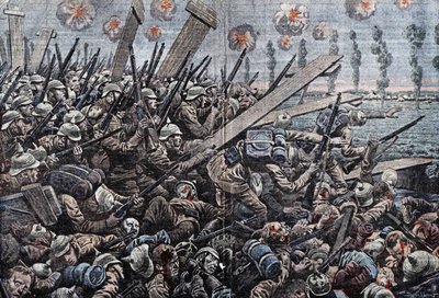 Wojna 1914-1918. Front Belgii 1914. Żołnierze niemieccy na Yser. Rysunek Damblansa. autorstwa Eugene Damblans