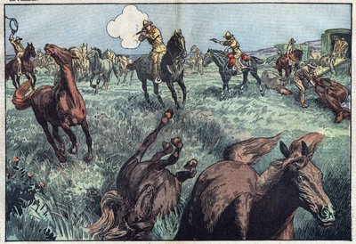 Dzikie konie są ubijane w Stanach Zjednoczonych. Ilustracja Damblans. W „”Le Pelerin”” z 31 stycznia autorstwa Eugene Damblans