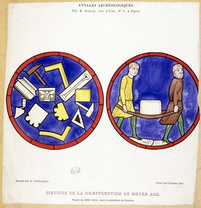 Historia budownictwa w średniowieczu: Porównanie XIII-wiecznych witraży w Cathedrale de Chartres - rys. Eugene Viollet-le-Duc (Viollet le Duc) (1814-1879) z kilkoma symbolami makonicznymi. autorstwa Eugene Emmanuel (after) Viollet le Duc