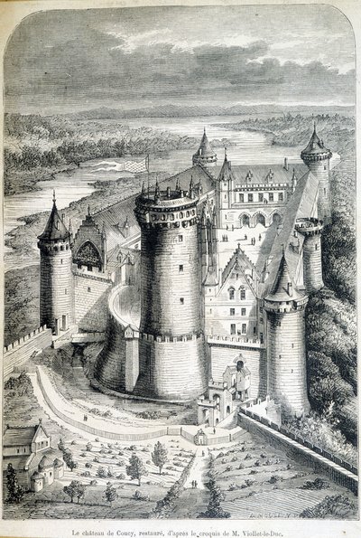 Le Chateau de Coucy, odrestaurowany - rycina ze szkicu//autorstwa Eugene Viollet-le-Duc (Viollet le Duc) (1814-1879) - „”Le Monde illustrious””” z 8.05.1858 r. autorstwa Eugene Emmanuel (after) Viollet le Duc
