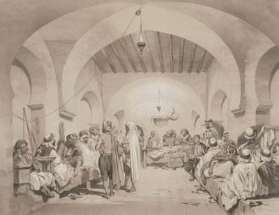 Cafe du Divan, Algier, z tomu upamiętniającego francuskie siły ekspedycyjne, które zdobyły Algier w 1830 r., ryty przez Adolphe Jean-Baptiste Bayot (1810-66) autorstwa Eugene Flandin
