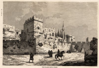 Pałac wielkich mistrzów na Rodos, rysunek Eugeniusza Flandina, ilustrujący jego podróż na wyspę Rodos w 1844 roku. Grawer w „”Le tour du monde””, pod redakcją Edouarda Chartona autorstwa Eugene Flandin